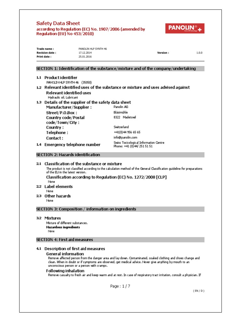 Panolin HLP Synth 46 D en | PDF | Dangerous Goods | Toxicity