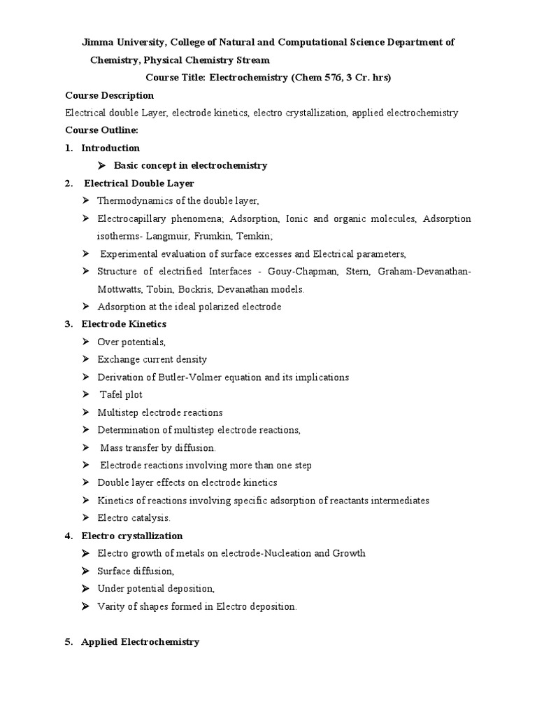 Electrochemistry Course Overview | PDF | Electrochemistry | Chemical ...