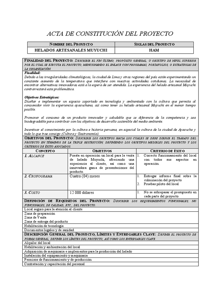 Acta de Constitución Del Proyecto | PDF | Presupuesto