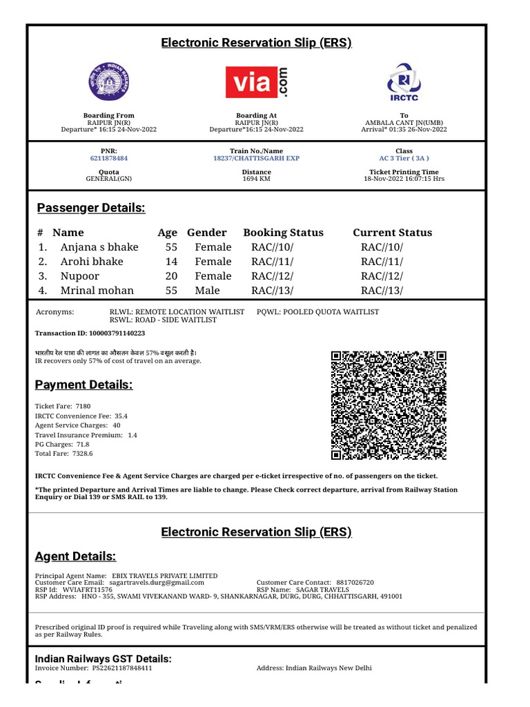 Electronic Reservation Slip (ERS) : # Name Age Gender Booking Status ...