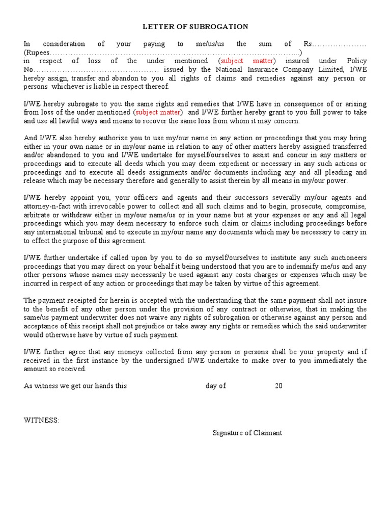 04 Letter of Subrogation PDF Subrogation Civil Law (Legal System)