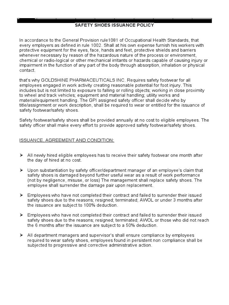 Safety Shoes Policy | PDF | Safety | Employment
