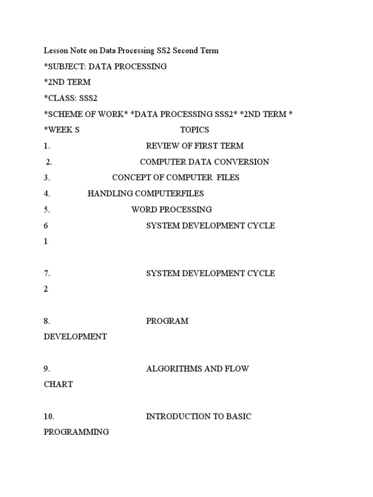 Lesson Note On Data Processing SS2 Second Term | PDF