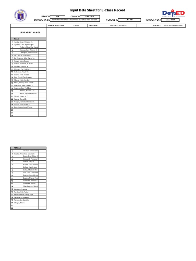 Input data sheet for e class record region division school name school