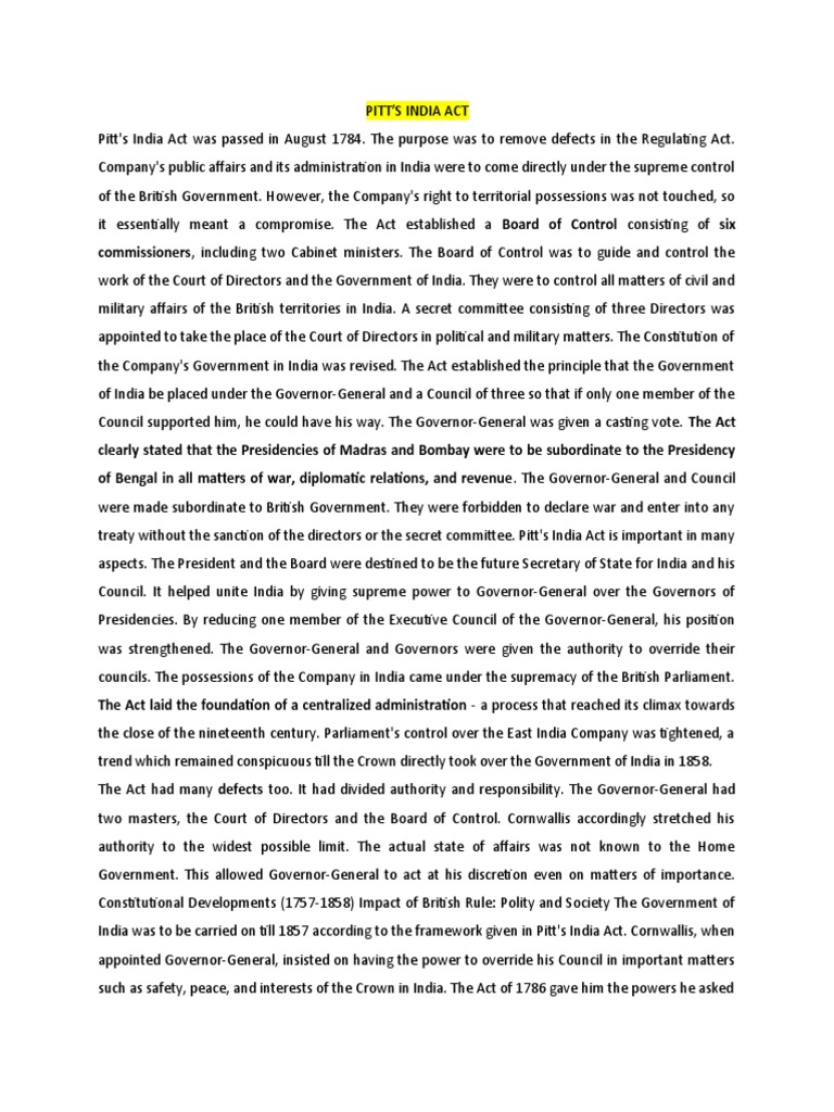 Pitt's India Act 1784 PDF