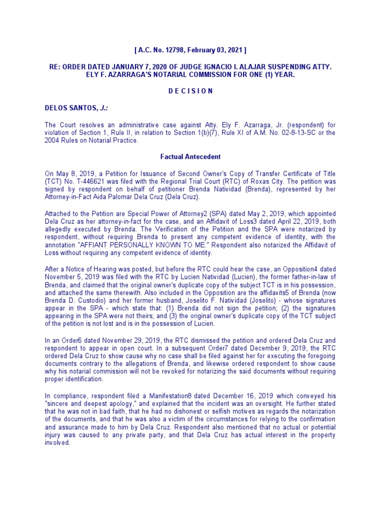 Re Order Dated January 7, 2020 of Judge Ignacio I. Alajar Suspending