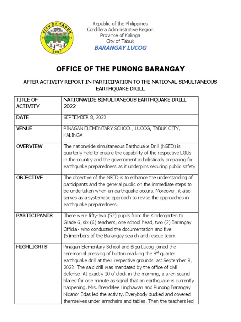 AFTER ACTIVITY REPORT EARTHQUAKE DRILL PDF