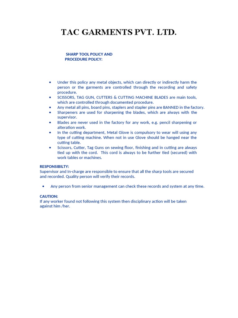 Sharp Tool Safety Policy for Garment Factory | PDF