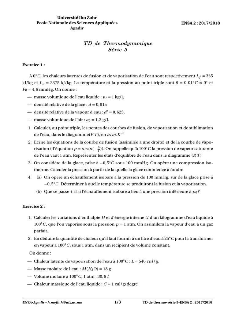 Thermodynamique de l'eau : exercices et solutions | PDF | Enthalpie de ...