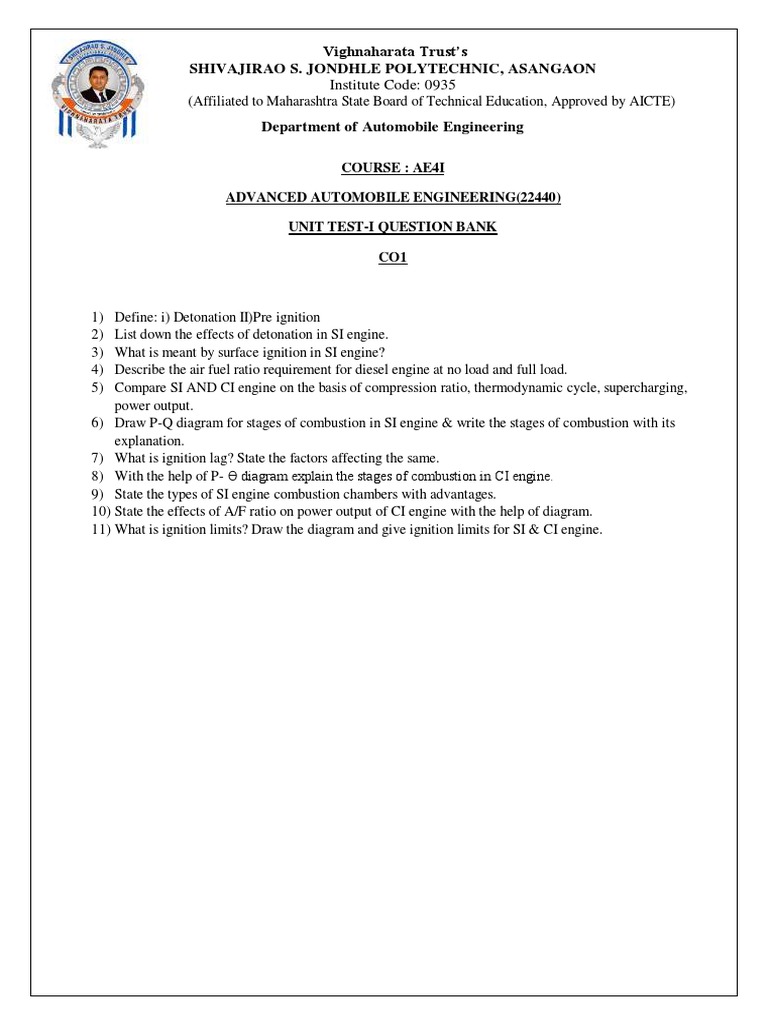 Advanced Automobile Engineering Question Bank | PDF