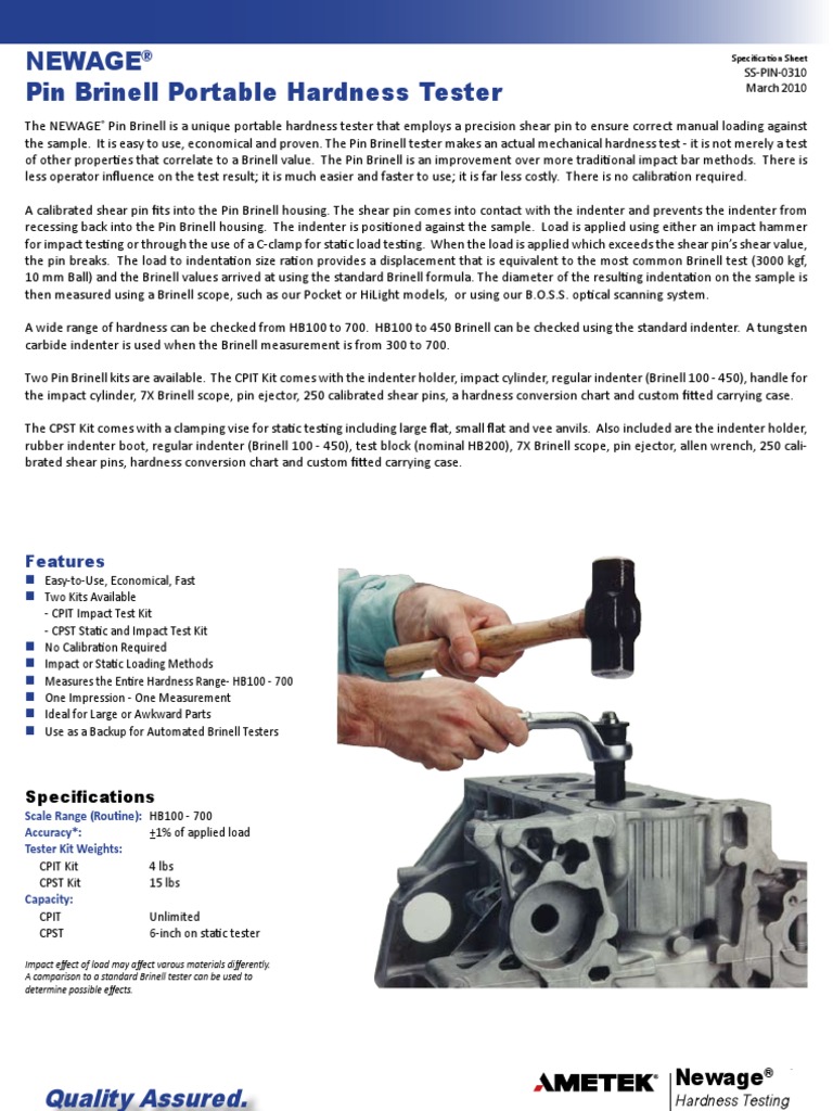 Pin Brinell Hardness Tester Spec Sheet PDF Calibration Hardness