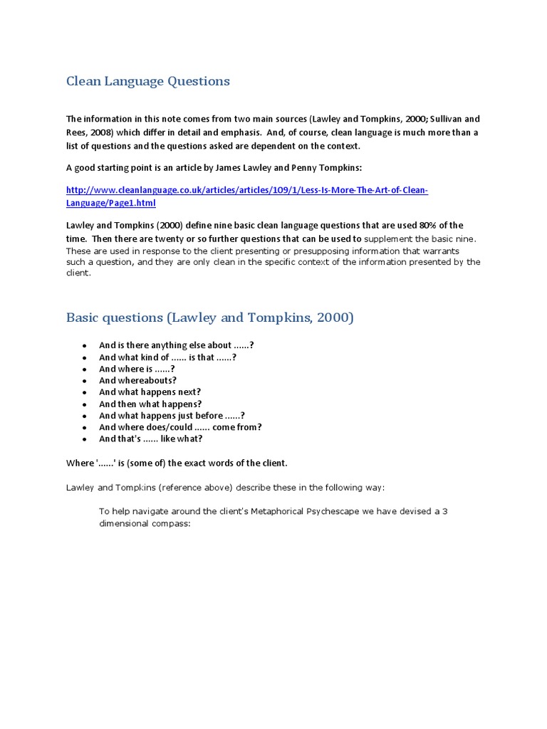 Clean Language Questions PDF Psychology Linguistics