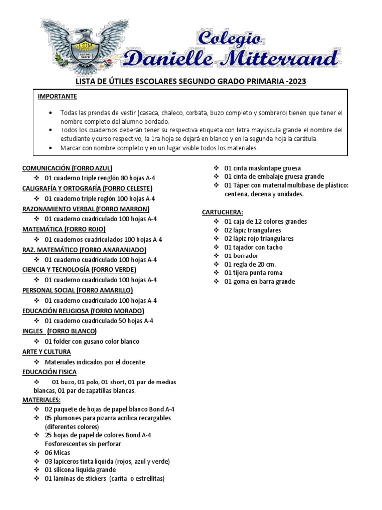 Lista de Útiles Escolares Segundo Grado Primaria - 2023 | PDF | Ligero ...
