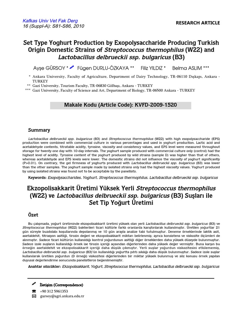 2010 Set Type Yoghurt Production by Exopolysaccharide Producing Turkish