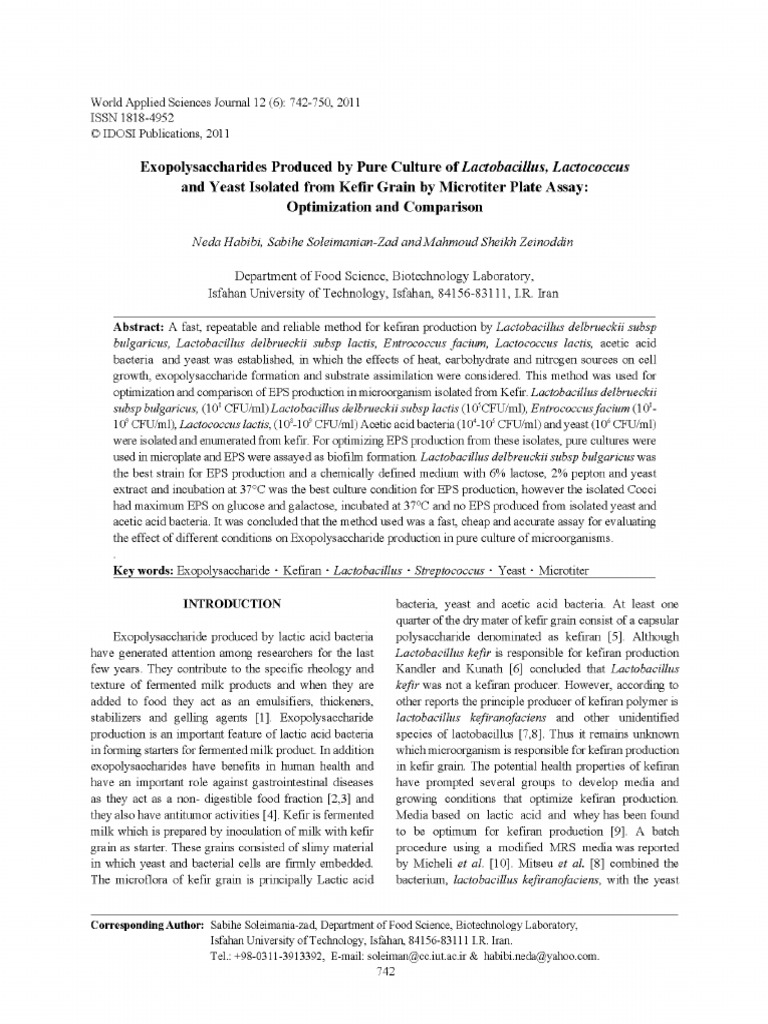 2011exopolysaccharides Produced by Pure Culture of Lactobacillus