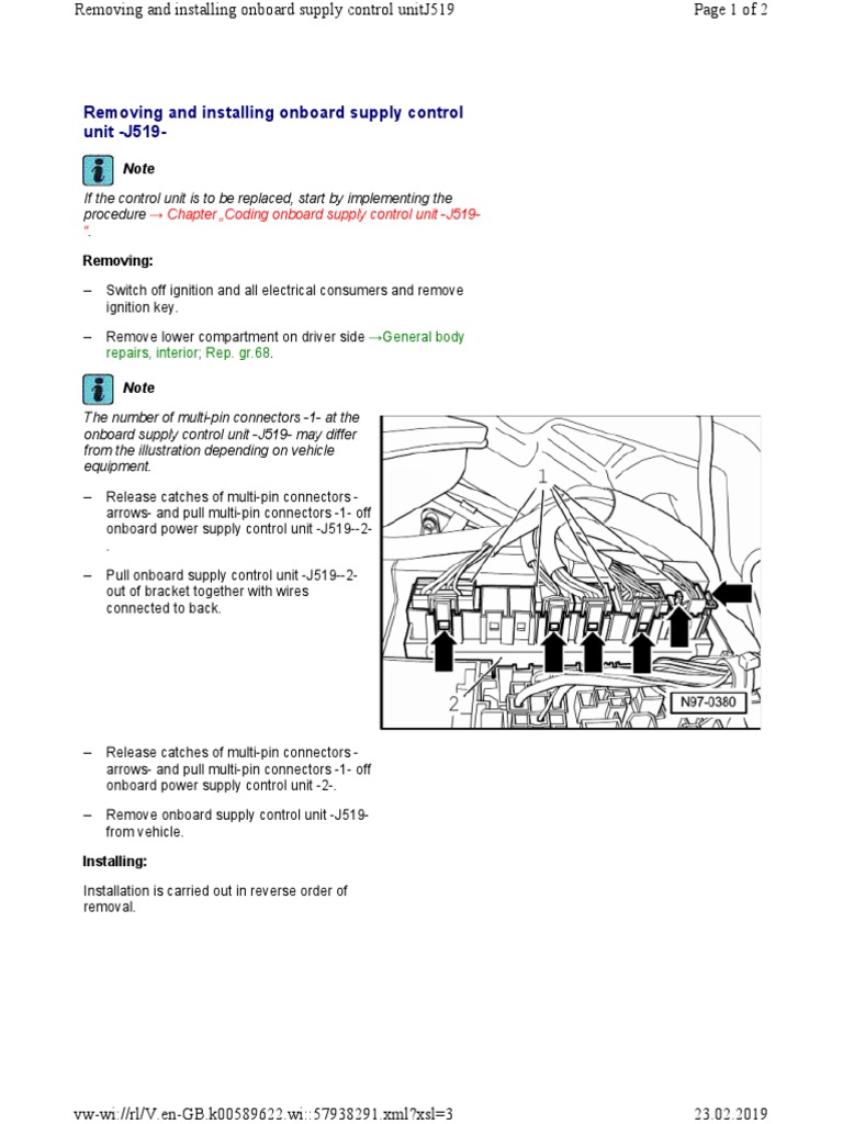 Removing and Installing Onboard Supply Control Unit - J519 | PDF
