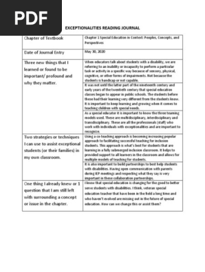 EXCEPTIONALITIES READING JOURNAL