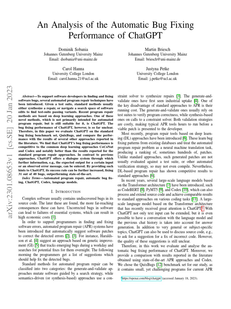 An Analysis of The Automatic Bug Fixing Performance of Chatgpt | PDF