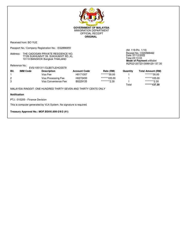 Malaysia E-Visa Payment Receipt | PDF