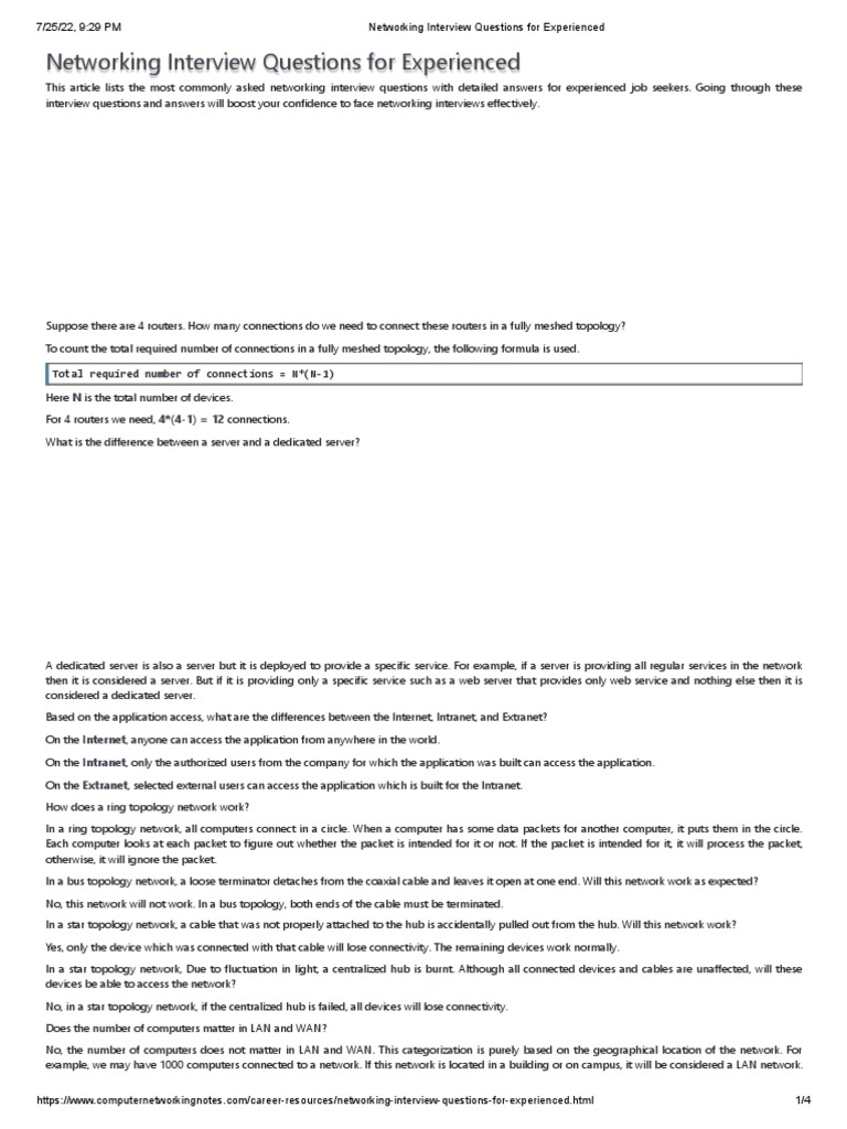 Networking Interview Questions For Experienced PDF