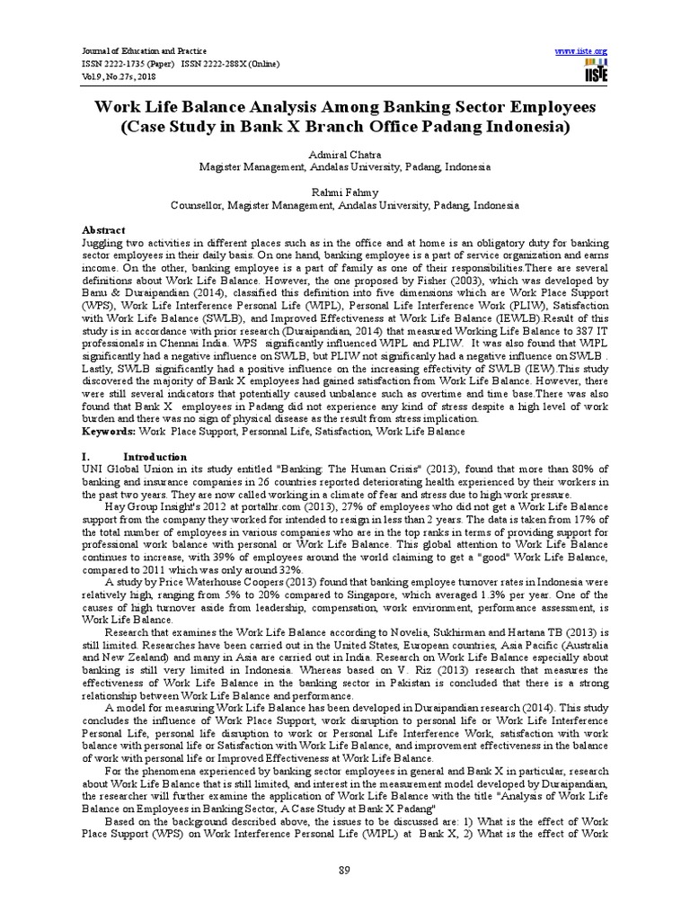 Work Life Balance Analysis Among Banking Sector Employees (Case Study ...