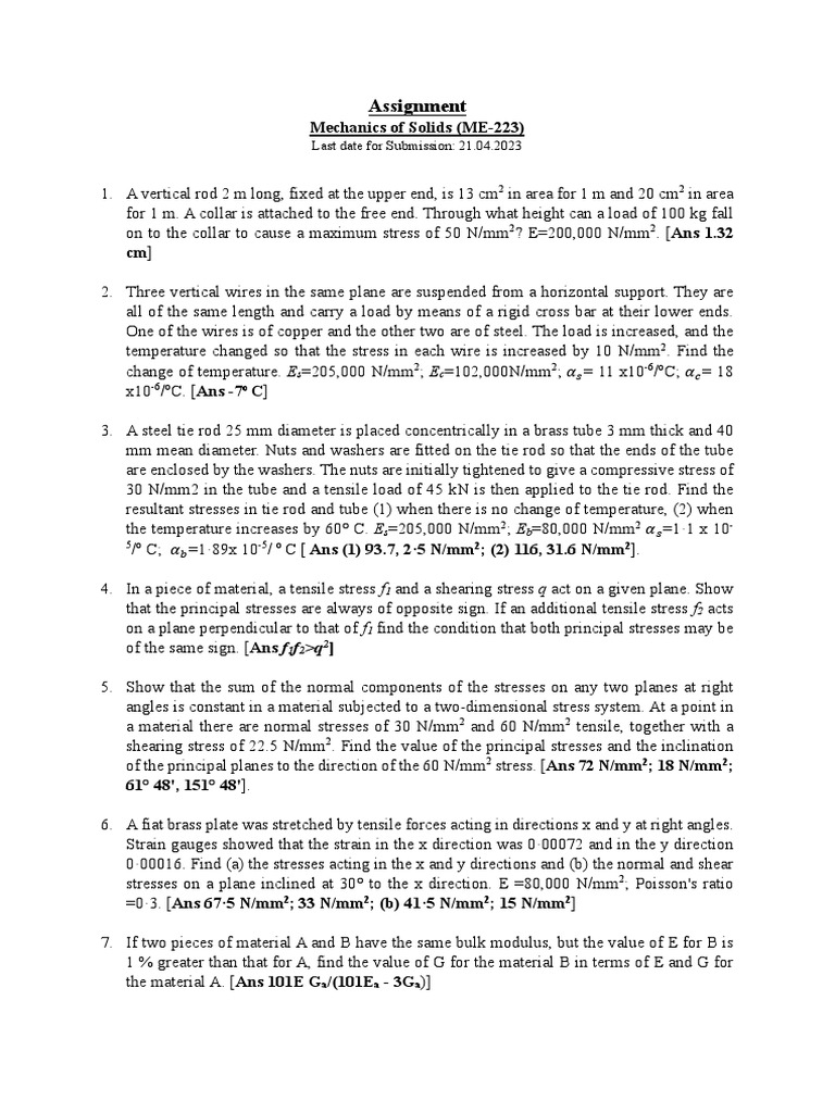 Mechanics of Solids Assignment ME-223 | PDF