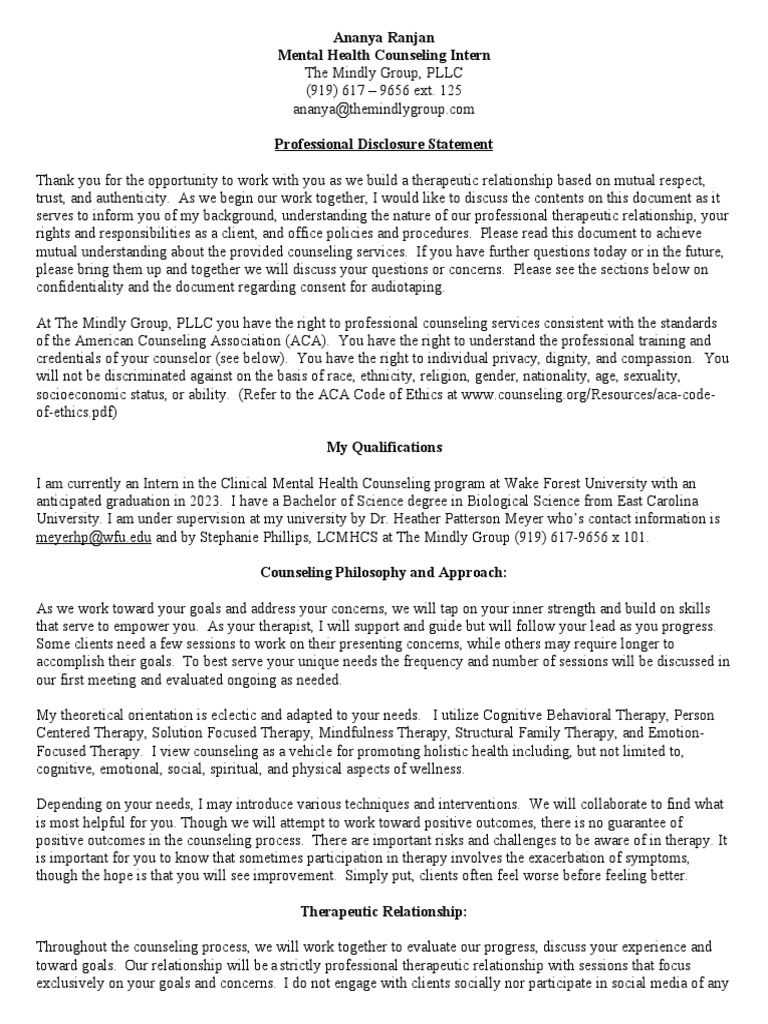 Ananya ranjan disclosure statement 1 pdf psychotherapy health care