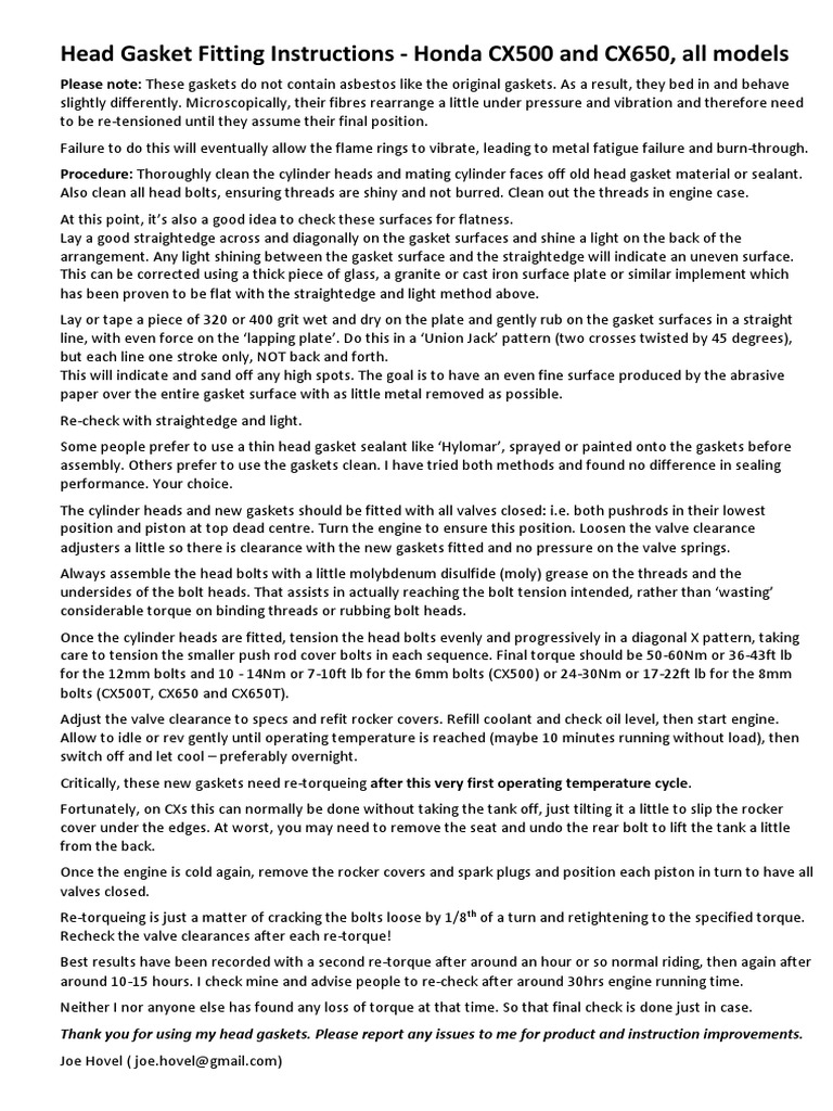 Honda cx500 gl500 cx650 gl650 Head Gasket Fitting Instructions Joe