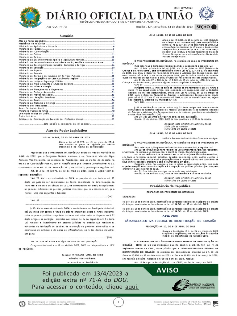 Aviso: Foi Publicada em 13/4/2023 A Edição Extra Nº 71-A Do DOU. para ...