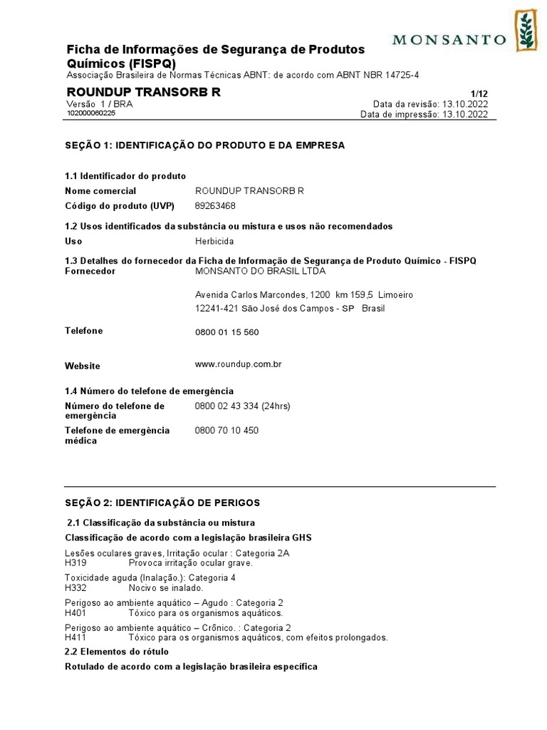 FISPQ Roundup Transorb R | PDF | Roupas | Química