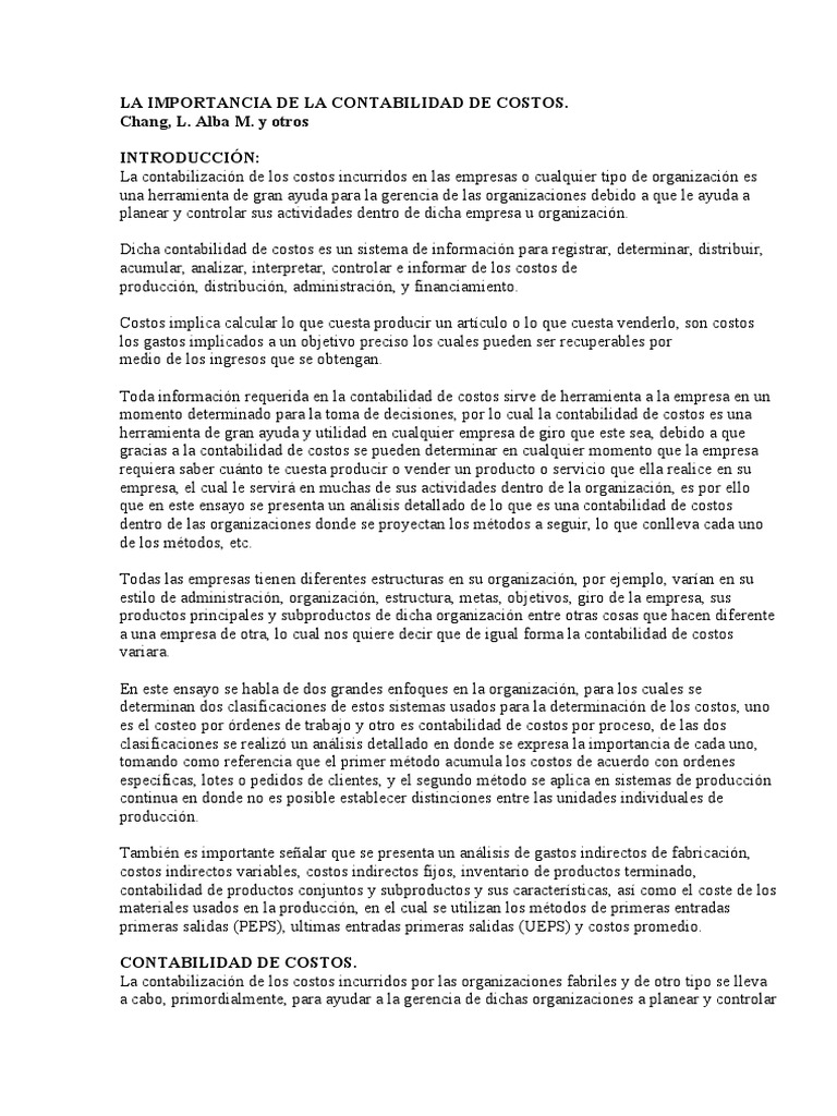 Importancia de la Contabilidad de Costos | PDF