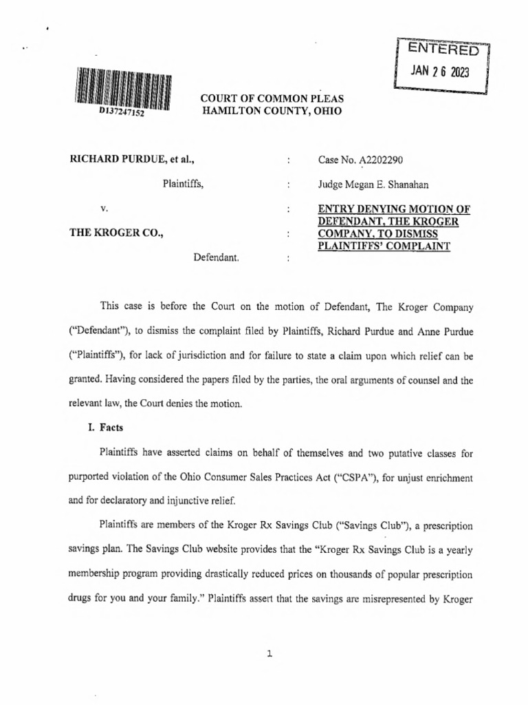 Kroger Lawsuit Order Denying Motion To Dismiss PDF Federal Rules Of