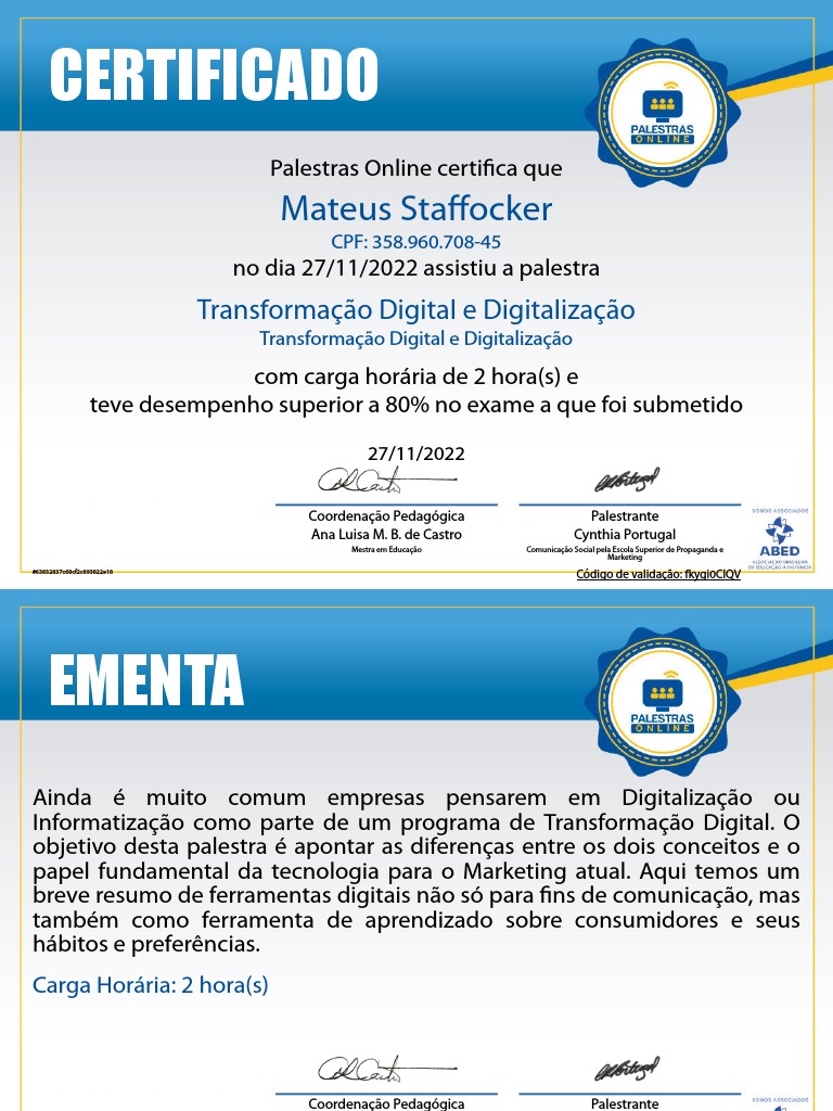 Certificado Palestra Digitalizacao | PDF