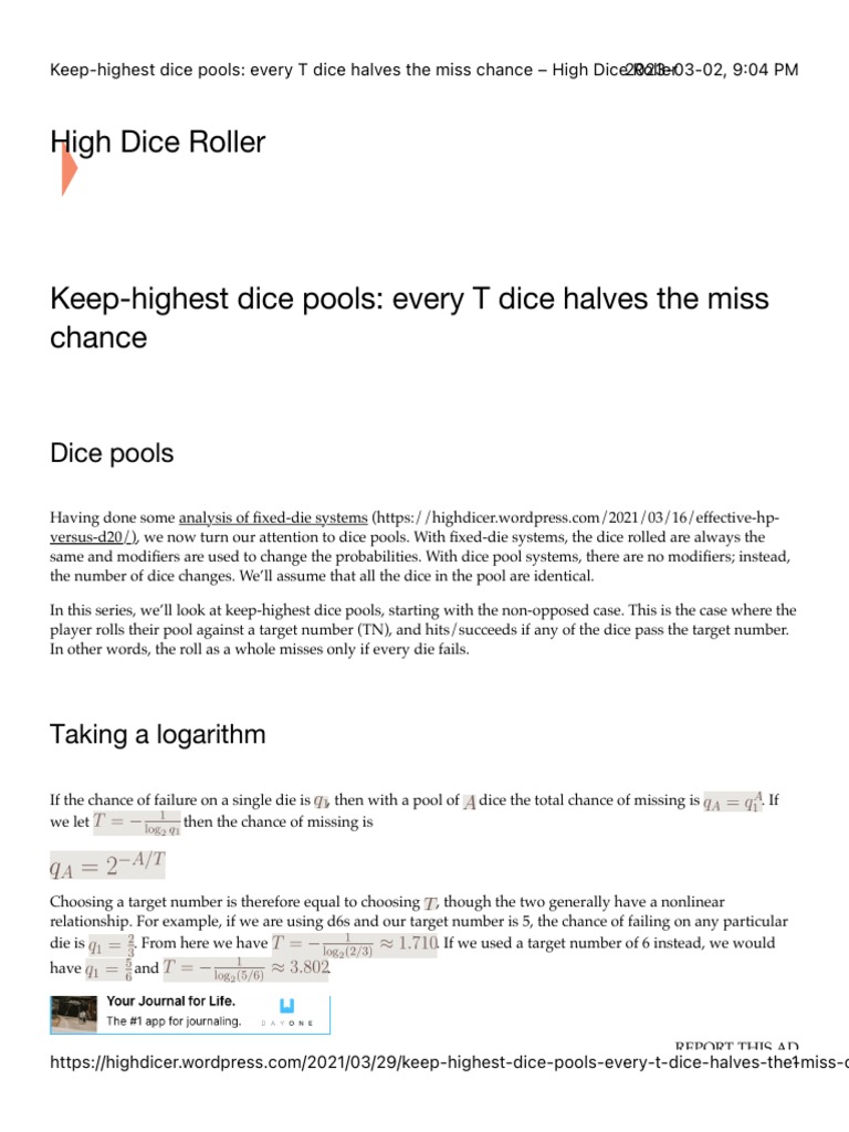 Keep Highest Dice Pools Every T Dice Halves The Miss Chance PDF