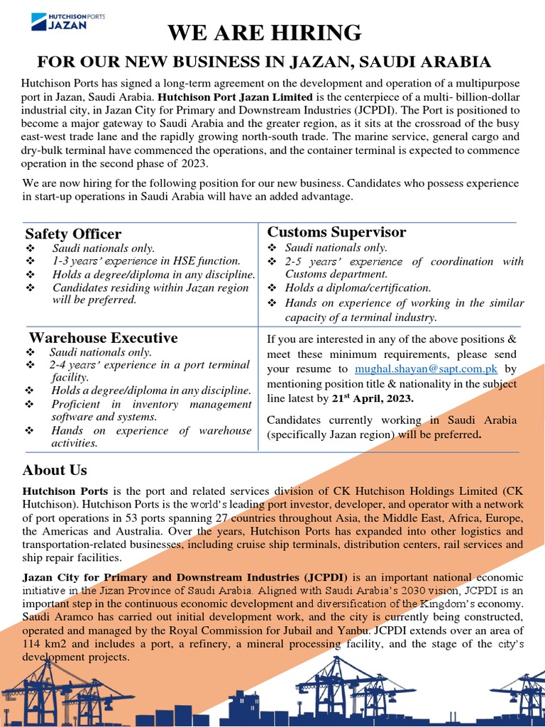 Job Opportunity in Saudi Arabia Hutchison Ports Jazan Download Free