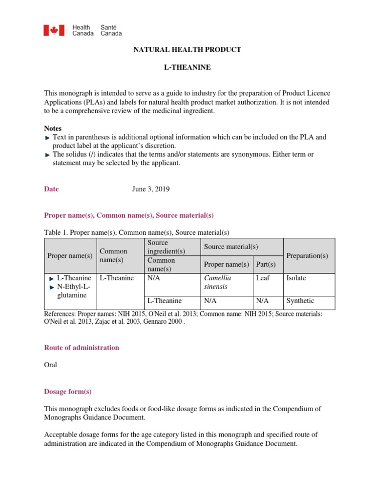 LTheanine Monograph Health Canada PDF Assay Medical Treatments