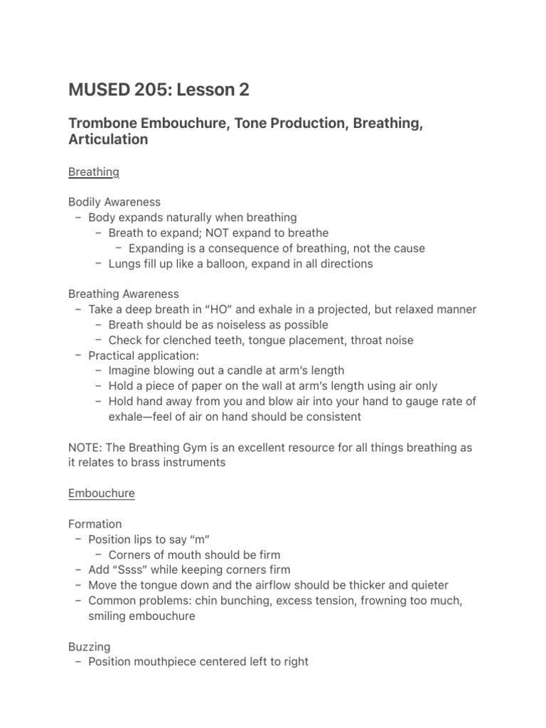 MUSED 205 Lesson 2 Trombone Embouchure, Tone Production, Breathing, Articulation PDF Breathing