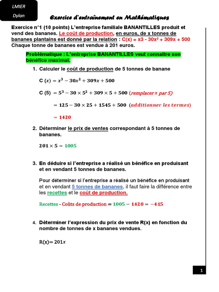 Exercice D'entraînement en Mathématiques: Le Coût de Production C (X ...