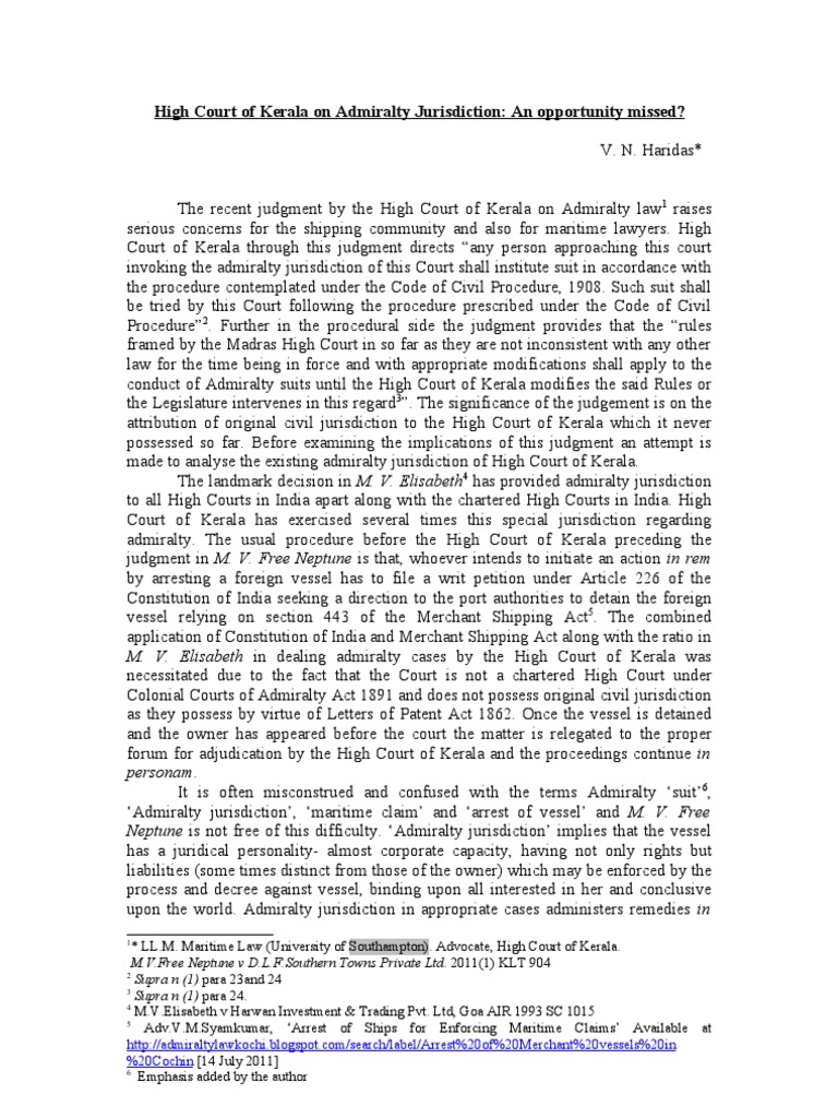 Admiralty Jurisdiction in Kerala, India PDF Admiralty Law