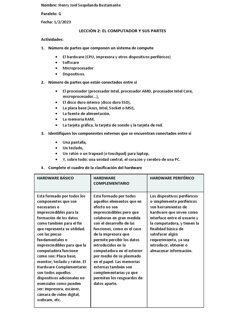 El Computador y Sus Partes | PDF | Hardware de la computadora | Periférico