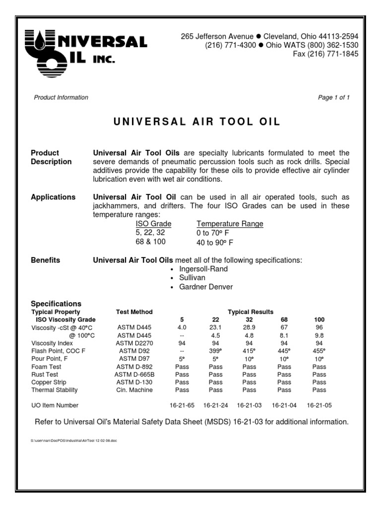 Universal Air Tool Oil Spec PDF Industrial Processes Physical