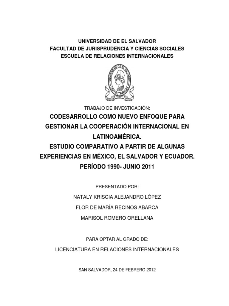 Universidad de El Salvador Facultad de Jurisprudencia Y Ciencias Sociales Escuela de Relaciones Internacionales PDF Migración humana America latina