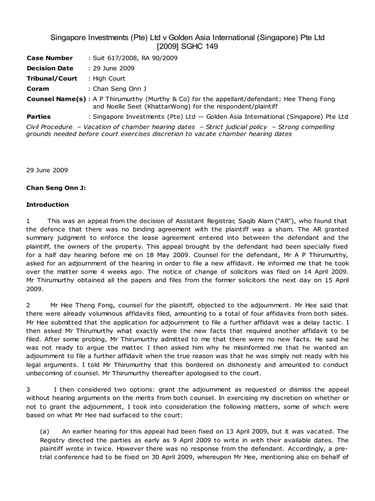 Singapore Investments (Pte) LTD V Golden Asia International (Singapore