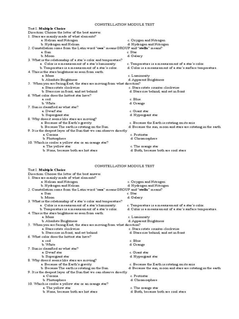 Constellation module test pdf stars sun