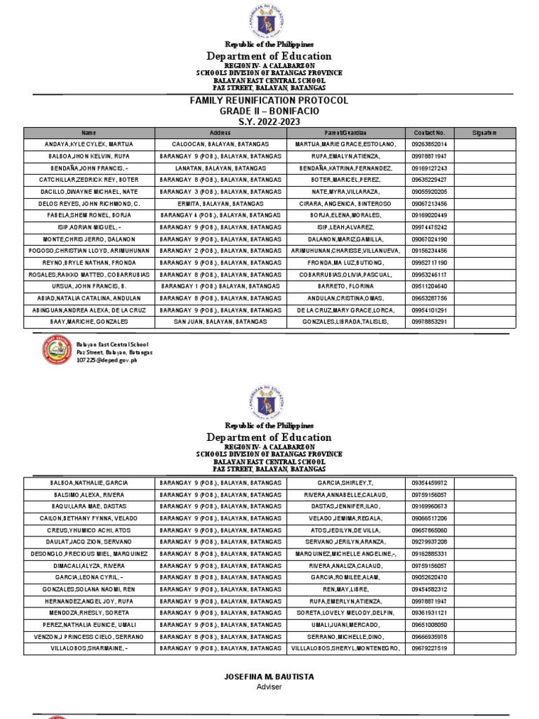 Family Reunification Protocol - Grade Two-Bonifacio 2022-2023 | PDF