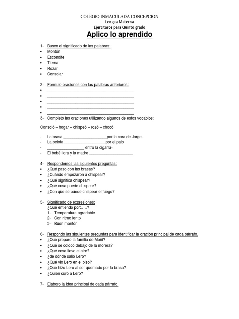 Ejercicios de Lengua para Quinto Grado | PDF