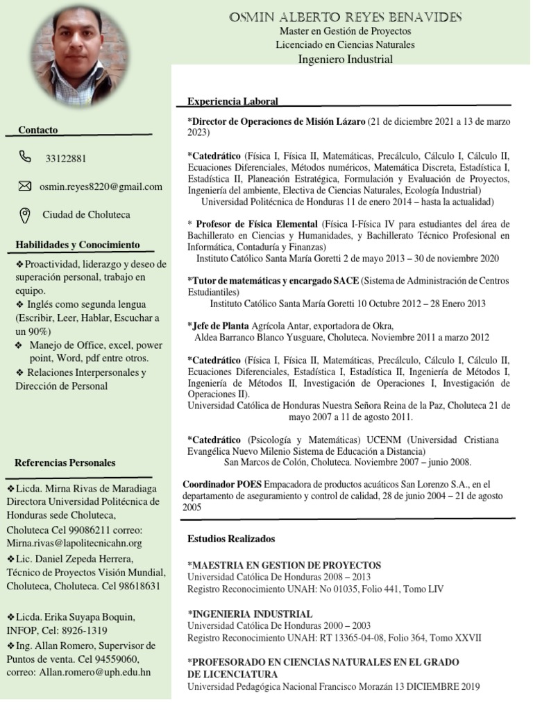 Curriculum Vitae de Osmin Reyes | PDF | Honduras | Science