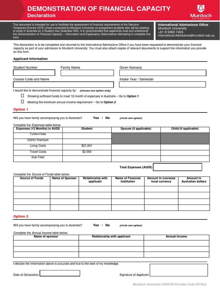 Financial Capacity Declaration for Murdoch | PDF | Business | Finance ...