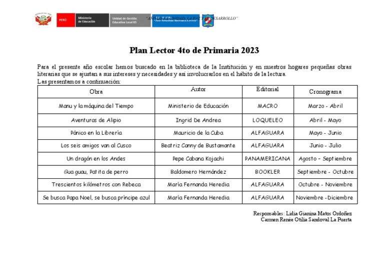 Plan Lector 4to de Primaria 2023 | PDF