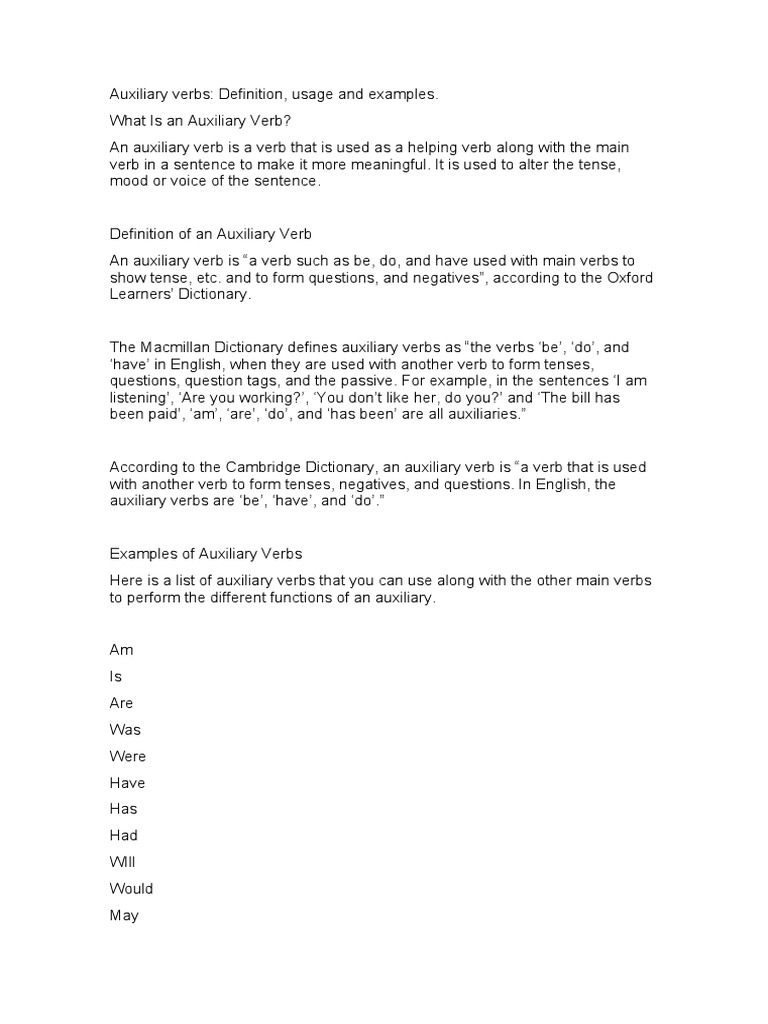 Auxiliary Verbs. Definition, Usage and Examples. PDF